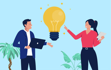 Successful business professionals with a laptop and digital tablet standing next to a large glowing light bulb representing a new idea and creative innovation, flat design vector illustration