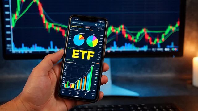 Hand holding phone with ETF stock chart
