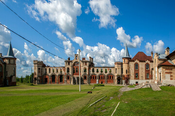 An outbuilding, stable building, and cattle building of the farmyard. The Muromtsevo estate. A 19th-century architectural monument in the neo-Gothic style. Muromtsevo, Vladimir Oblast, Russia