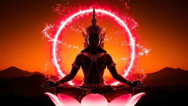 Lord brahma meditating on a glowing lotus, dramatically silhouetted against a powerful red and orange sunset.