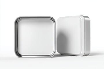 Obraz premium Clean Square Tin Box Mockup for Food Packaging â€” White Box Isolated on Bright Background