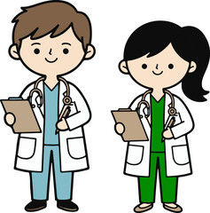 Two cartoon doctors wearing white coats and stethoscopes, holding clipboards and looking forward