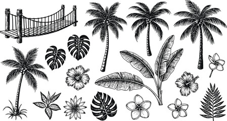Tropical scene with bridge palm trees and flowers in detailed silhouette © Rita