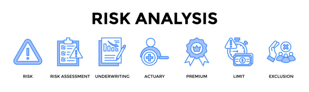 Risk Analysis Banner Web Icon Set Collection Pack Vector Illustration Concept For Risk, Risk Assessment, Underwriting, Actuary, Premium, Limit, Exclusion