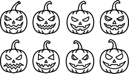 a collection of eight outlined jack o lanterns with varying expressions suitable for halloween themed designs and creative projects high quality