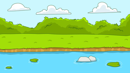 Fototapeta premium View of river and wild grass on blue sky ,nature background.