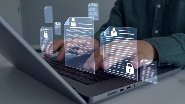 Protecting herself from cyber attacks. Documents confidentiality,cyber security protection concept. Software for security, searching and managing corporate document and employee information.	