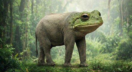 Giant frog elephant hybrid creature standing serene in misty jungle greenery, surreal fantasy animal design
