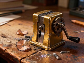 Vintage brass pencil sharpener on rustic wooden desk surrounded by wood shavings and chalk fragments under warm studio light