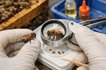 Bee researcher examines honeybee under magnifying glass during lab inspection of bee health and hive management