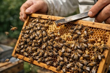 Beekeeper harvesting honey using tool on wooden frame filled with bees and golden honeycomb cells