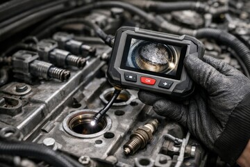 Mechanic uses endoscope camera inspecting engine cylinder head during maintenance repair service