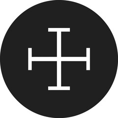 Obraz premium Simple graphic design featuring a stylized white cross symbol centered within a solid black circle isolated on a clean white background.