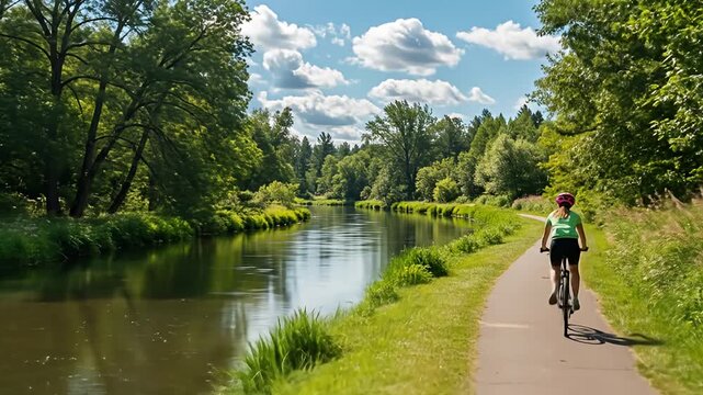 Cyclist rides along canal path next to tree-lined waters, sky with clouds above