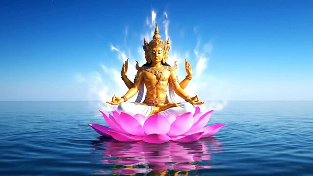 Golden lord brahma meditating on a pink lotus, glowing divinely over the blue ocean in a stylized 3d render.