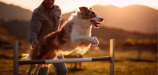 The Dog Jumping Over Agility Hurdle at Sunset With Owner in Field