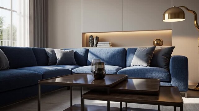 Modern living room interior design blue sofa coffee table window light