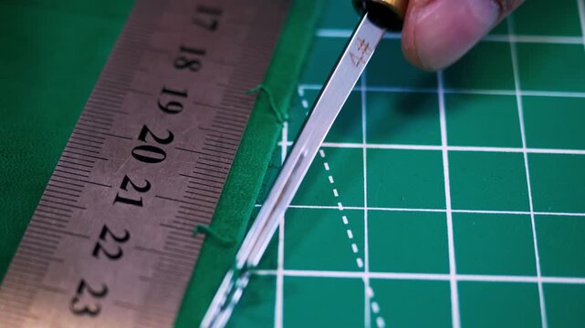 A tanner measures leather with a ruler and cuts it using scissors. The workspace has a green cutting mat where the leather is accurately processed for further use.