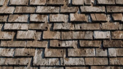 Obraz premium Close-up of weathered wooden shingles on a roof, showcasing rustic texture and natural patterns.