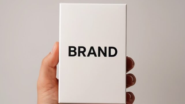Hands hold a box with a brand label and show it from different angles in a plain setting without distractions