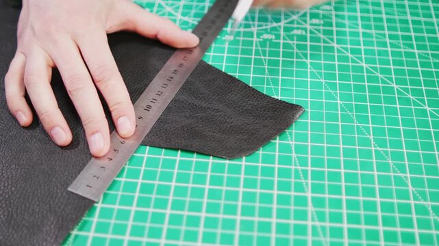 A tanner measures and cuts leather carefully. The process includes using tools to create precise shapes. This shows the important steps in leather crafting.