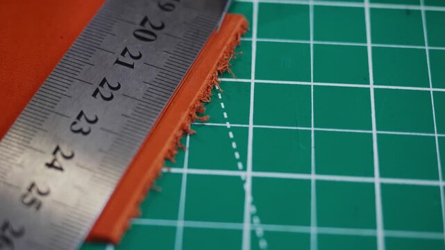 In a tanner's workshop, leather is measured and cut with a metal ruler. The process shows careful work and attention to detail. The workspace is well-lit and organized for the task.