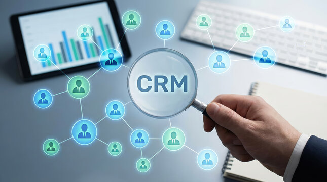 Customer relationship management business concept with hand holding magnifying glass over CRM abbreviation analyzing global marketing network connection structure with confidence