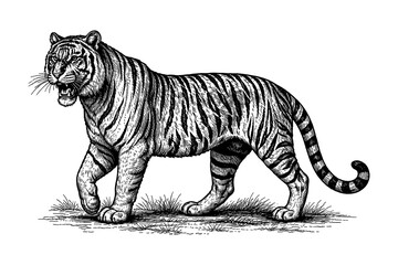 Fototapeta premium Detailed tiger walking on grass in black and white engraving style