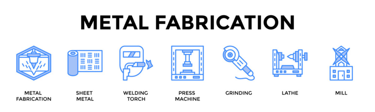 Metal Fabrication Banner Web Icon Set Collection Pack Vector Illustration Concept For Metal Fabrication, Sheet Metal, Welding Torch, Press Machine, Grinding, Lathe, Mill