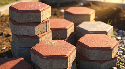 Stack of new red and gray hexagonal paving stones on a construction site, ready for a garden or patio landscaping project
