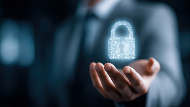 Businessman holding a glowing digital padlock icon representing cybersecurity and data protection. Technology and business concepts.