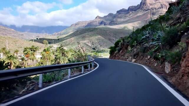 View of the GC-60 road near the Mirador Astron&oacute;mico de la Degollada de las Yeguas overlooking the Pilancones Natural Park, Gran Canaria, Canary Islands, Spain, Europe.