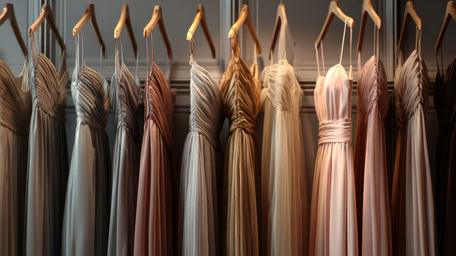 Retail clothing store displaying elegant dresses on hangers.