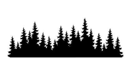 Fir trees silhouette. Coniferous spruce horizontal background pattern, black evergreen woods vector illustration. Beautiful hand drawn panorama of coniferous forest © designer_things