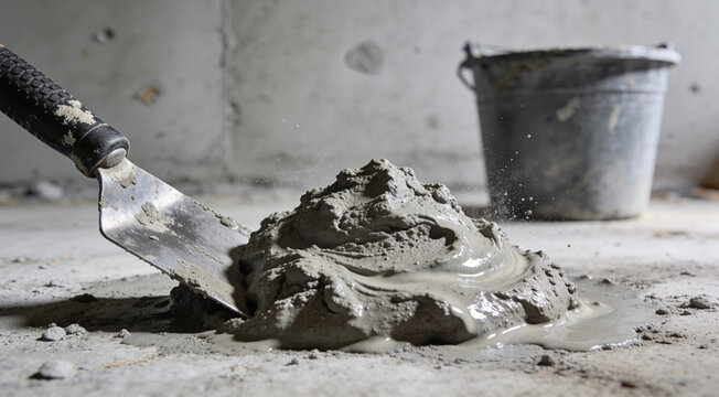 Close-up of a construction trowel mixing fresh, wet cement with splashes on a gritty surface. Perfect for building and renovation projects