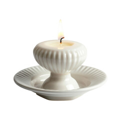 Lit white candle in ceramic holder with saucer, close-up isolated on Transparent Background