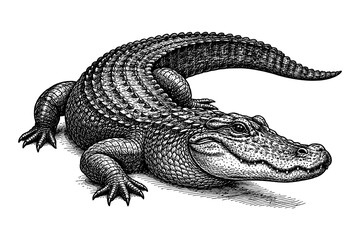 Naklejka premium Hand drawn detailed black and white alligator on white background