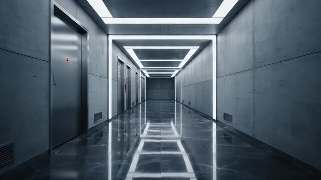 Modern Elevator Hallway with Reflective Floor