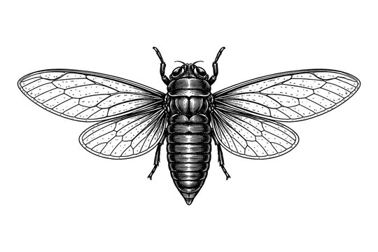 Detailed insect drawing of a cicada with symmetrical wings in black and white
