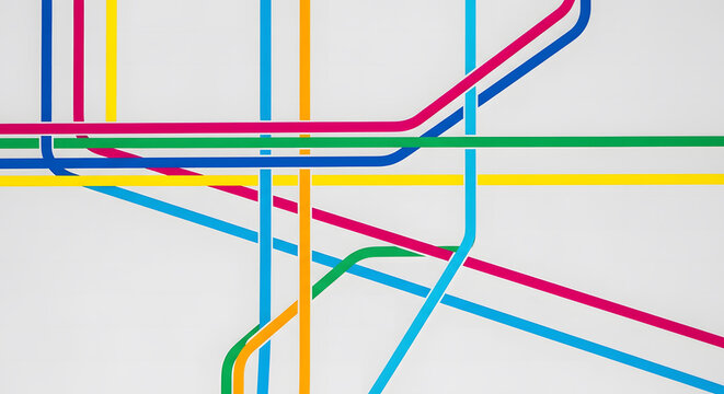 Abstract diagram of intersecting colorful lines on a clean white