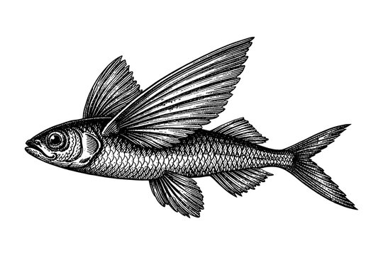 Detailed monochrome sketch of a flying fish with spread wings