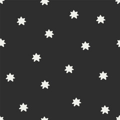 Seamless stars, endless pattern. Black and white hand-drawn texture with tiny twinkles in night sky. Repeating print, background for modern kids textile, fabric design. Flat vector illustration