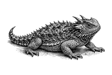 Fototapeta premium Detailed black and white drawing of a horned lizard in stipple art style