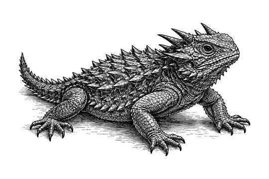 Intricate detailed drawing of a thorny lizard in monochrome