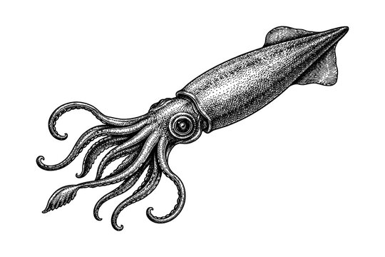 Detailed engraving of a squid in black and white with intricate linework
