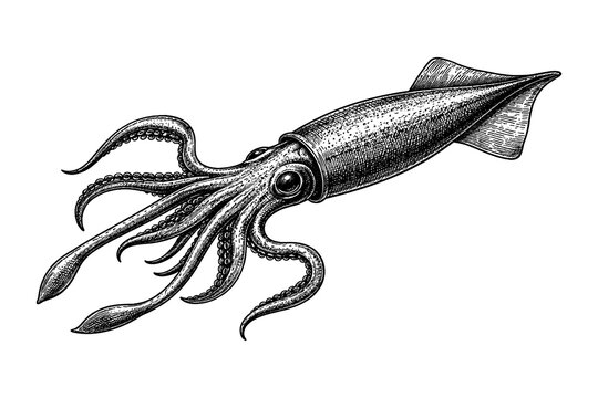 Intricate black and white squid drawing with detailed tentacles and texture