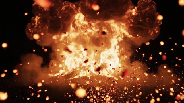 Intense cinematic explosion creating a massive fireball and flying sparks. Perfect for action sequences or dramatic VFX overlays.