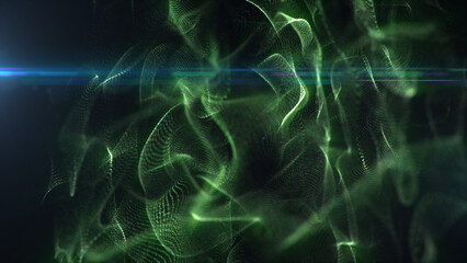 Obraz premium Futuristic green particle fog waves with bright blue light streak and soft bokeh on dark background