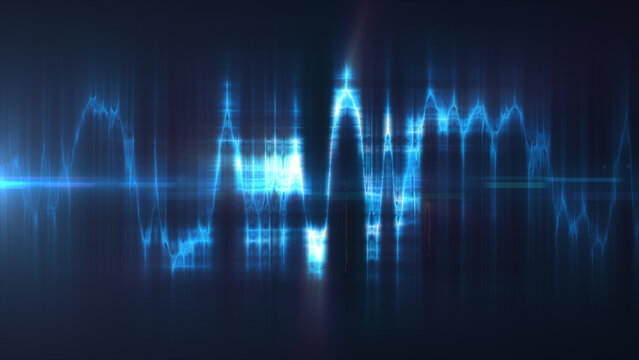 Abstract blue electric waveform with sharp glowing peaks, representing digital audio signals, data analysis, and futuristic sound visualization