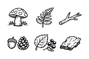 Hand drawn nature icons set featuring mushrooms, leaves, and forest elements